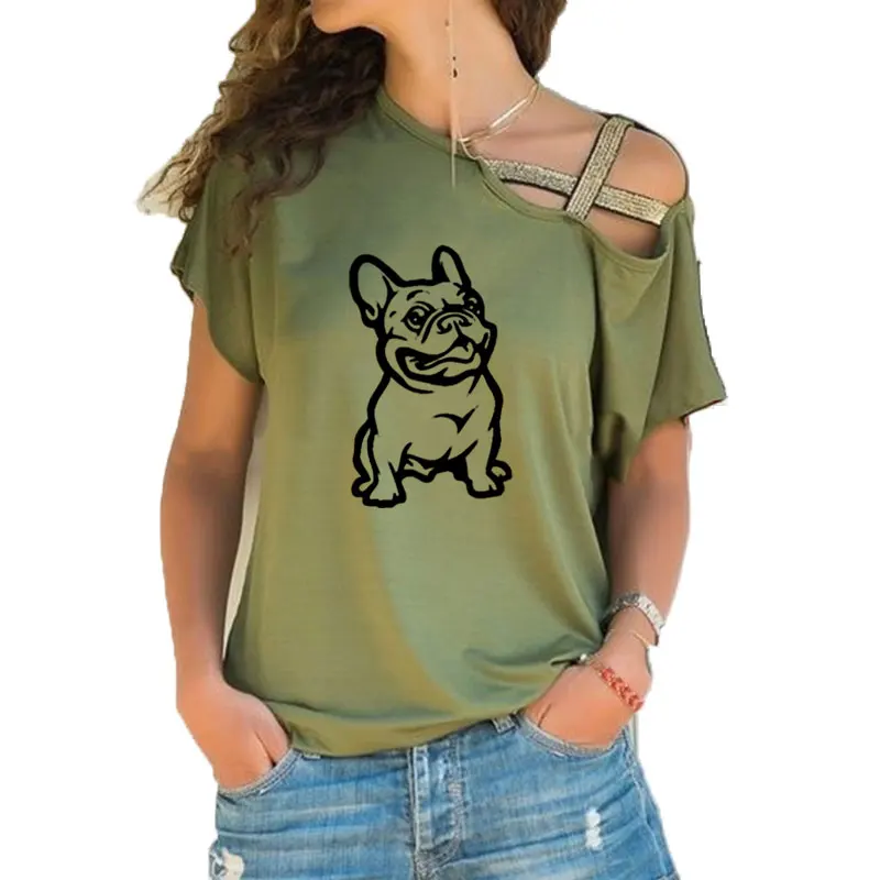 

New French Bulldog Dog Print Tee T-shirt Women Top Short Sleeve Female tops clothing Irregular Skew Cross Bandage t shirt girls