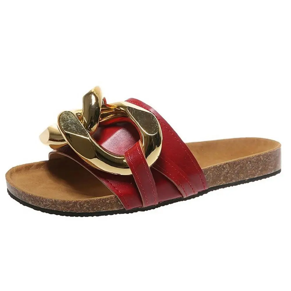 lady round head Slippers summer open-toe Flat shoes PU vamp metal buckle Relief decor flip flop woman sandals beach Slippers
