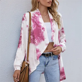 

Women Tie-dye Cardigan Jacket Coat Female Long Sleeve Irregular Hem Top Autumn and Winter Casual Loose Clothes