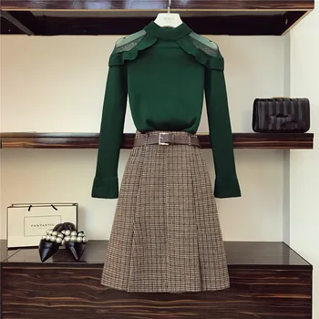 

HAMALIEL Women Sweater 2 Piece Set Autumn Winter Green Knitted Patchwork Mesh Ruffles Pullovers And Tweed Plaid Belt Skirt Set