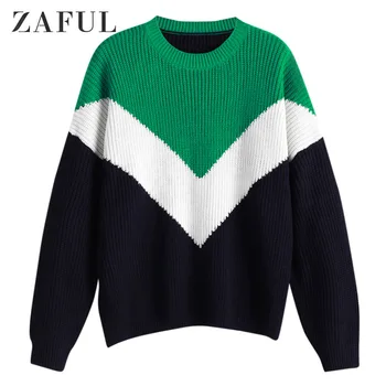 

ZAFUL Color Block Drop Shoulder Crew Neck Sweater Full Sleeves Loose Patchwork Contrast Tops Autumn Winter Women Pullovers
