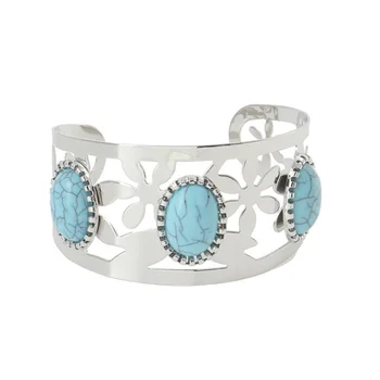 

Silver Plated Alloy Decorative Pattern with Green Turquoises Stone Open Bangle Charm Jewelry