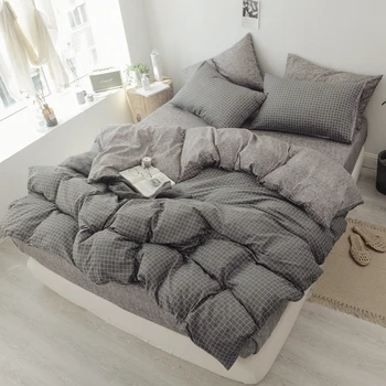 

100% Washed Cotton Soft Duvet Cover Bed Sheet Set Grey Grid Plaid Design Bedding Set with Zipper Twin Queen King size 4Pieces