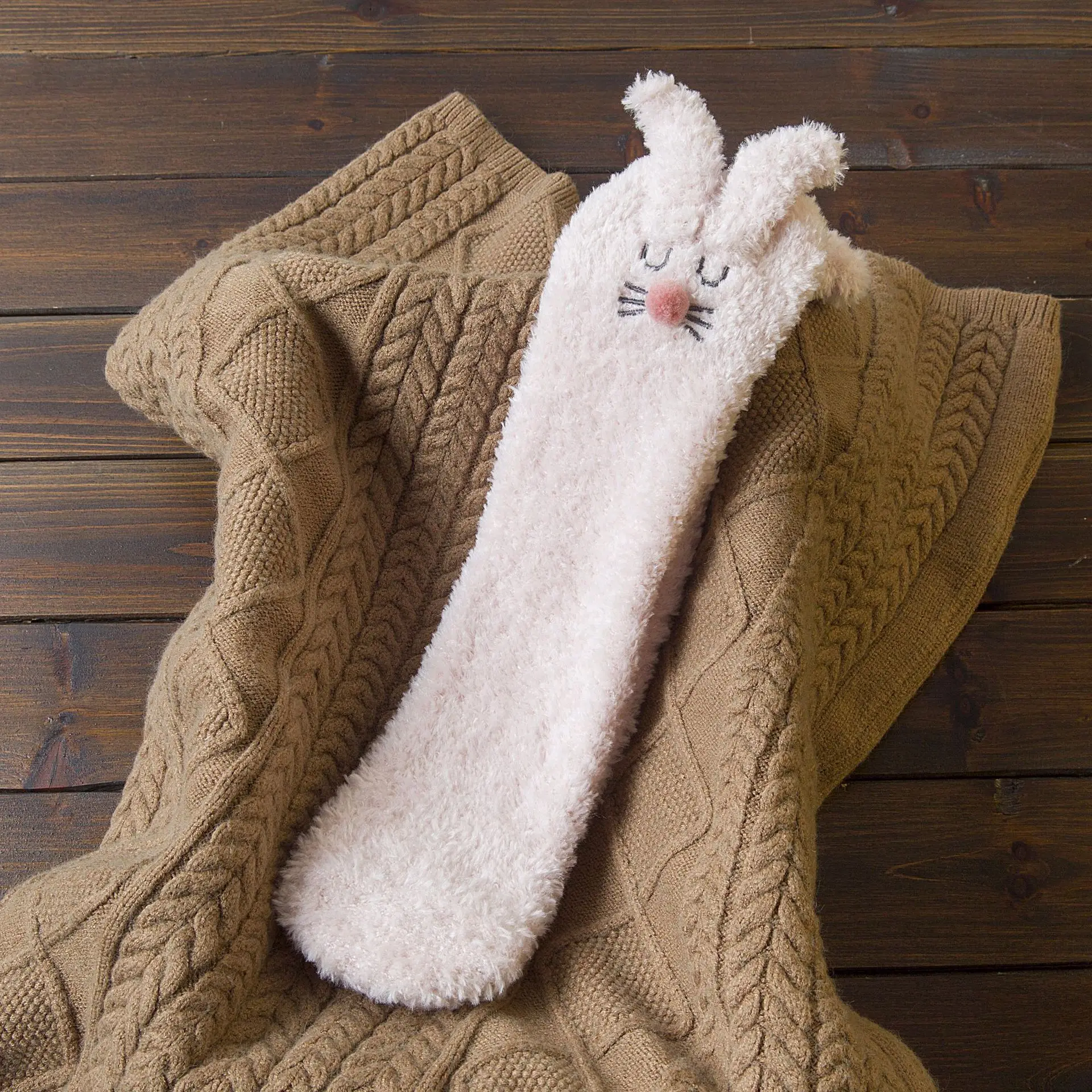 Winter Cute Three-dimensional Cartoon Socks Rabbit Thickened Warm Lady Tube Sleep Coral Velvet Floor Socks B1 - Color: Pink