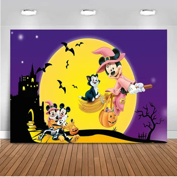 

Mickey minnie mouse Halloween backdrop Full moon night Horror castle background for photo studio purple happy halloween backdrop
