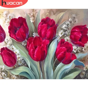 

HUACAN DIY Pictures By Number Tulip Drawing On Canvas Oil Painting By Number Flower Kits Home Decors