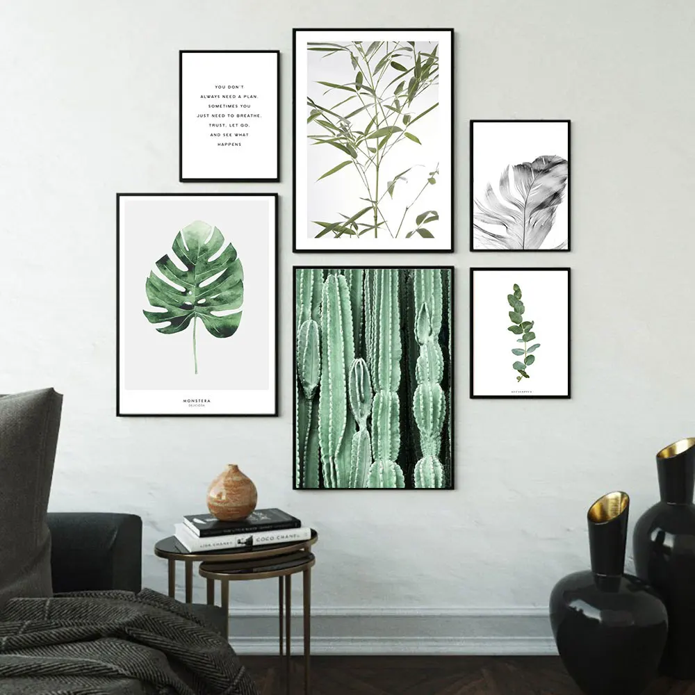 

Scandinavian Green Leaves and Cactus Canvas Poster Nordic Style Print Nature Art Painting Wall Picture for Living Room Unframe
