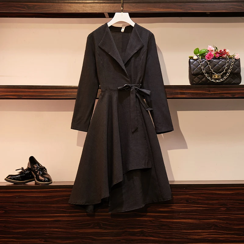 

L-3XL Plus Size 2019 Autumn Women Long Sleeves Bow Waist Irregular Ruffles A Line Dress Female Dresses N334