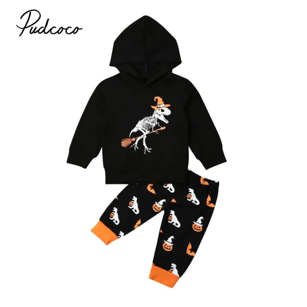 

2019 Brand Halloween Kid Baby Boys Dinasour Clothes Cotton Hooded Tops Pumpkin Pants Leggings Set 2Pcs Costume Baby Clothes