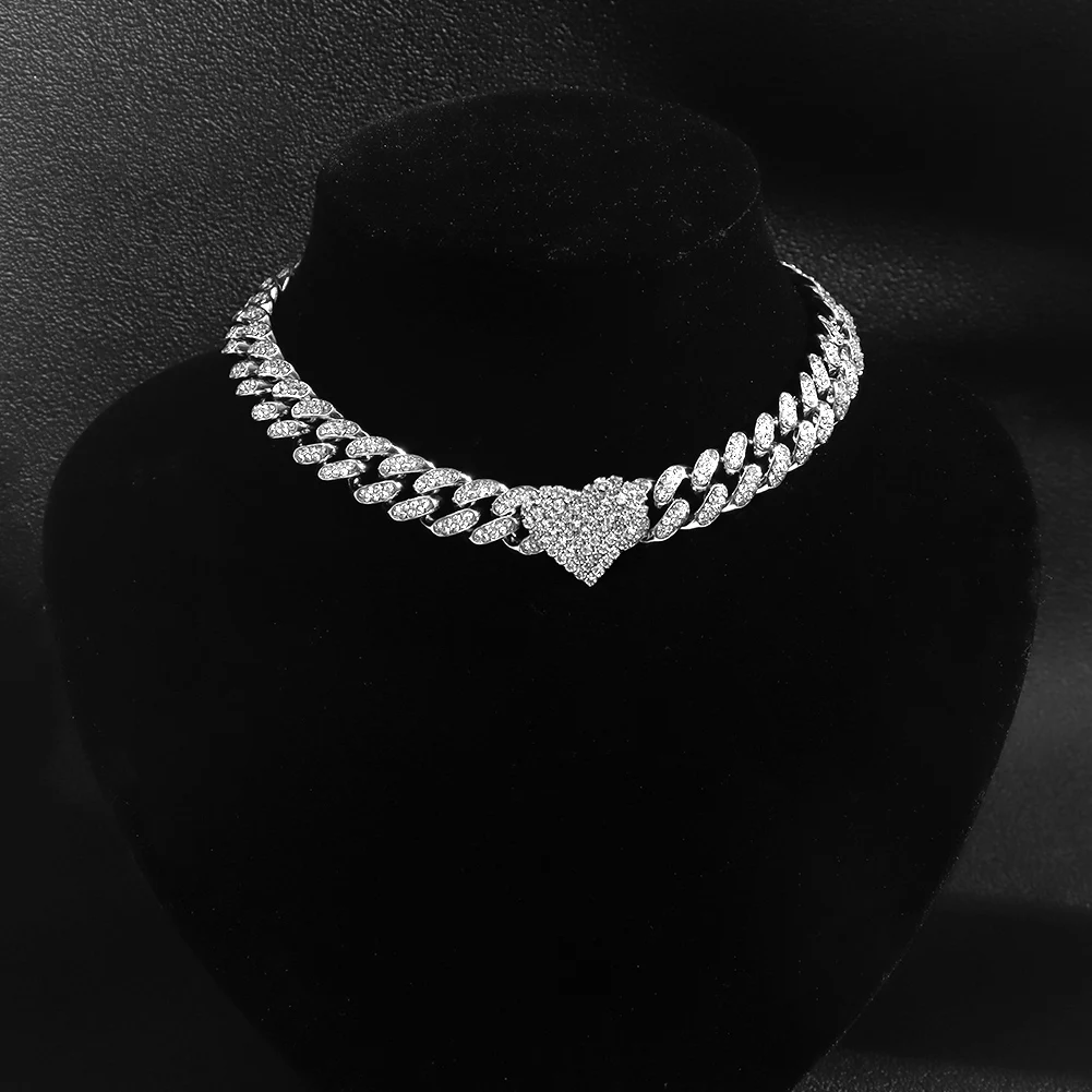 Iced Out Miami Curb Cuban Chain Necklace Fom Women Gold Color Bling Paved Rhinestones Link Choker Punk Jewelry | Украшения и