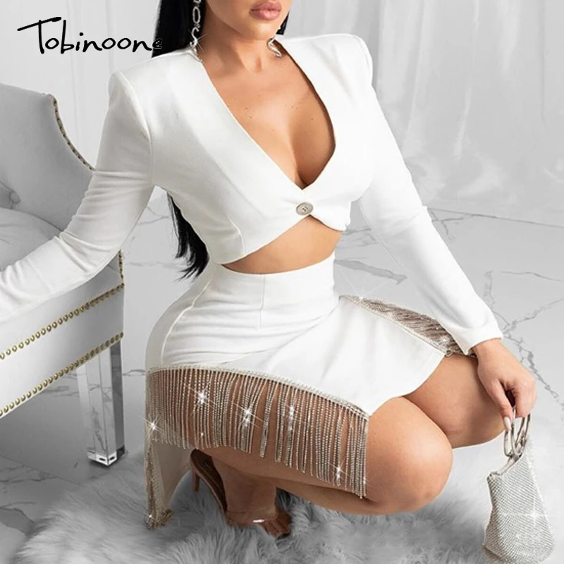 Сексуальное платье Tobinoone с v-образным вырезом и бриллиантами, черно-белое женское платье с длинным рукавом, осенне-зимнее платье, сексуальная клубная одежда с кисточками, мини платья для вечеринок