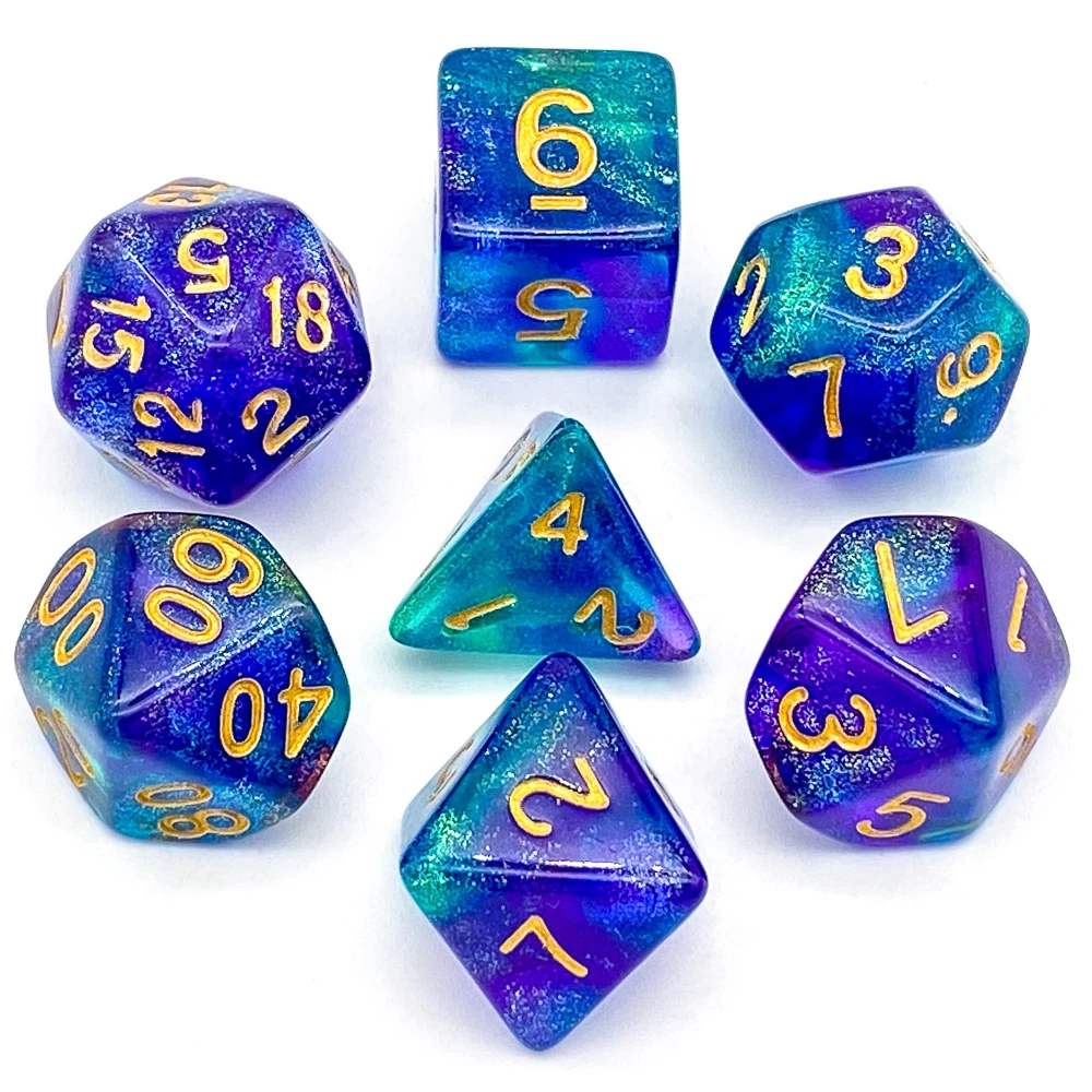 7Pcs/Set with Glitter Purple Green DND Dice Set D4 D6 D8 D10 D% D12 D20 Polyhedral for Role Playing Board Game RPG MTG | Спорт и