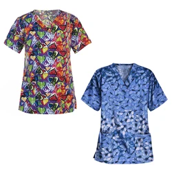 Mulheres de enfermagem 3d impressão scrubs topos t camisa casual manga curta mulheres uniformes enfermeira v neck bolso roupas femininas
