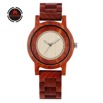 

REDFIRE Retro Red Wood Watch Men's Watches Quartz Movement Simple Round Wooden Clock Male Full Wood Wristwatches Reloj Masculino