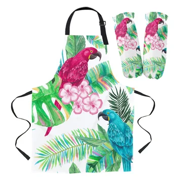 

Apron Kit Tropical Plant Parrot Flower Kitchen Bib Oven Mitts for Cooking Gardening Woman Kids Aprons Cuff Baking Accessories