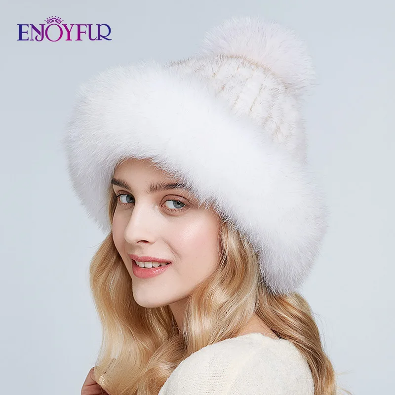 Skup ENJOYFUR naturalne futro z norek czapki dla kobiet zima grube ciepłe futra lisa czapki z pomponem moda rosyjski styl czapki