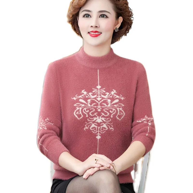 

2022 New Mom Autumn Winter Pullover Thicken Mink Fleece Sweater Middle-aged Fashion Sweater Women Pull coat A373