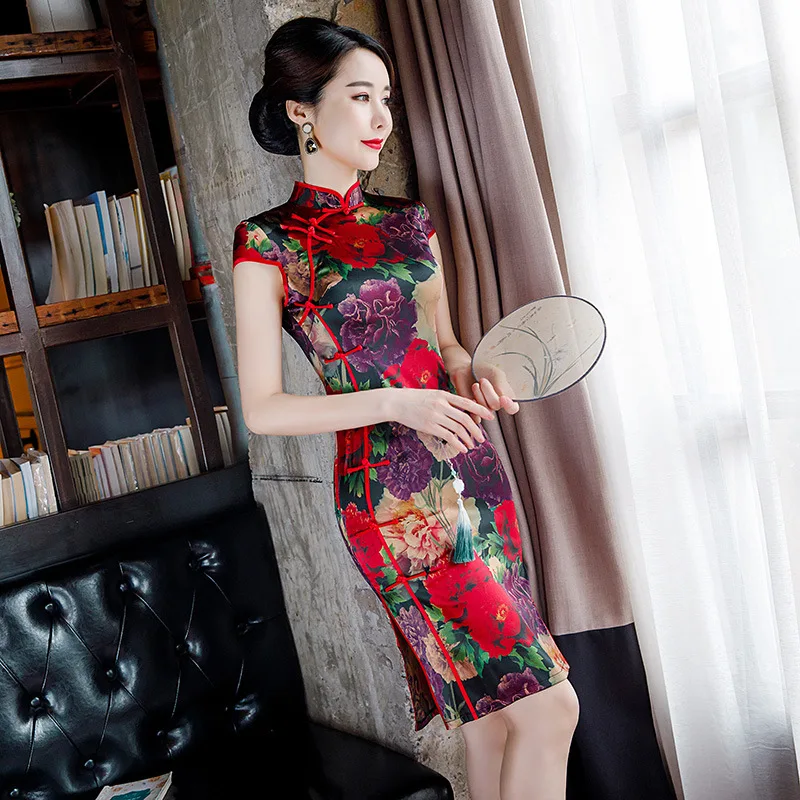 Короткий цветочный принт натуральный шелк Qipao сексуальный негабаритный 3XL тонкий леди с новогодней елкой, бумажный вечерние выпускное платье vestidos