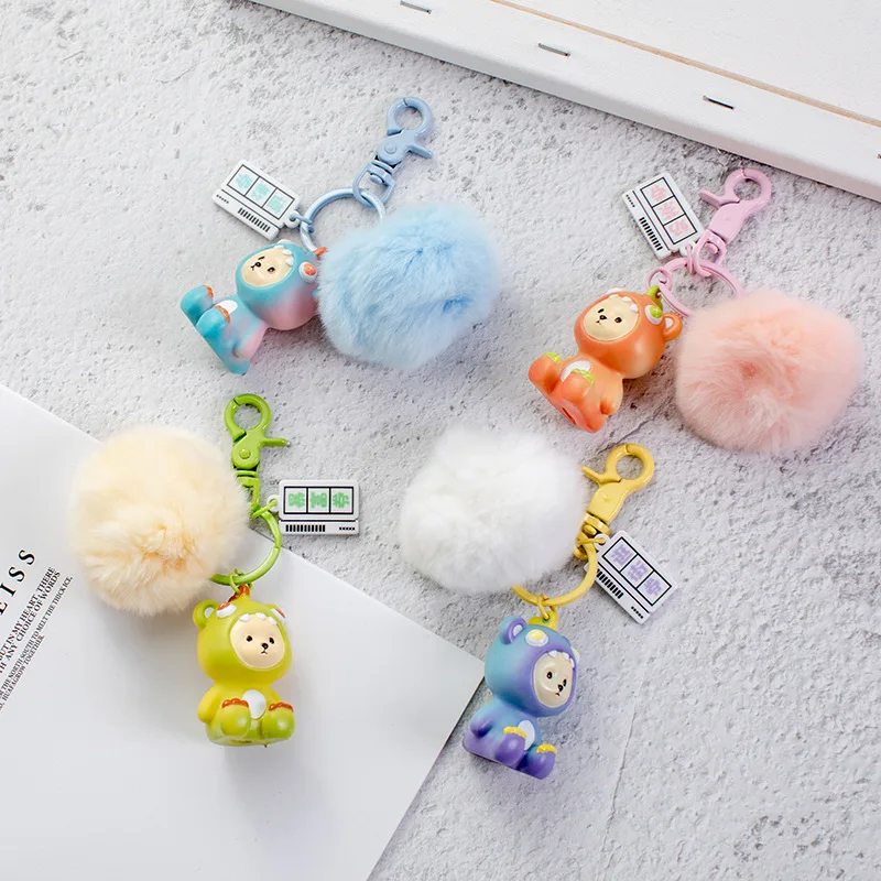 

Korean version of cartoon dinosaur bear key chain stylish cute bear hair ball pendant Ins key chain bag pendant car key chain