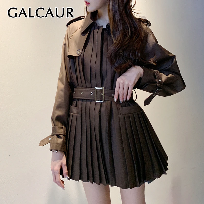 GALCAUR/плиссированные женские пальто в стиле пэчворк с воротником с лацканами, с длинными рукавами, с высокой талией и поясом, осенние куртки для женщин,, модная новинка