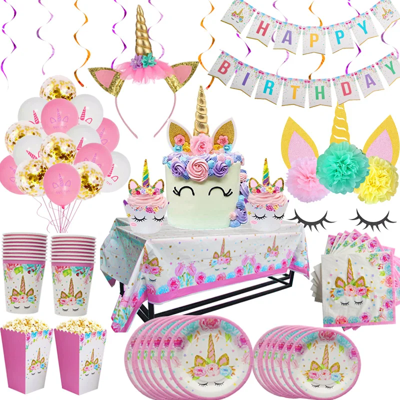 Juego de vajilla desechable para fiesta de cumpleaños de unicornio arcoíris, luces led de unicornio, decoración para fiesta de bienvenida de bebé, 8 unidades