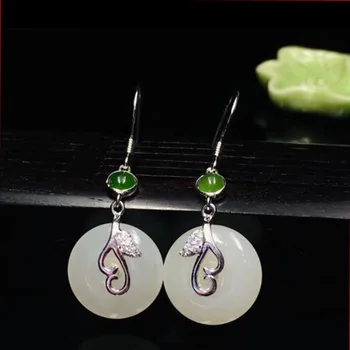 

S925 Pure Antique Inlaid Natural Hetian White Jade Round Ancient Meaning Of Safety Buckle Lady High-end Earrings For Women Jewel