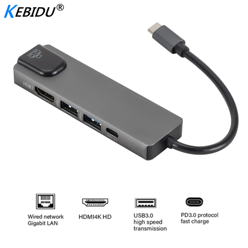 

Fast 5 in 1 USB Type C Hub Hdmi 4K USB C Hub to Gigabit Ethernet Rj45 Lan Adapter for Mac book Pro Thunderbolt 3 USB-C Charger