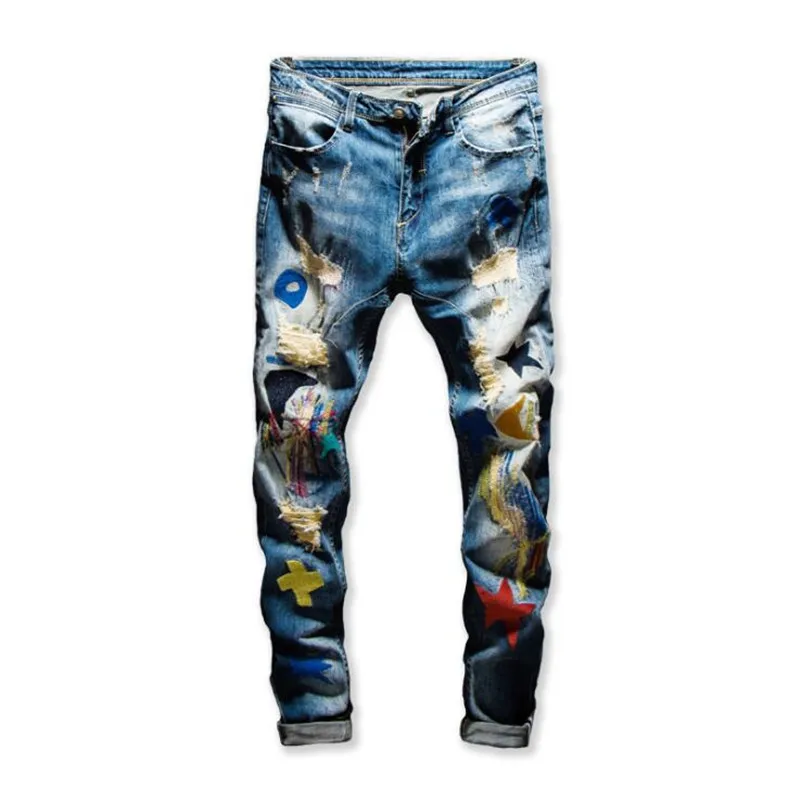 2020 New Men's colored patchwork ripped jeans Trendy fashion patch design embroidery stretch denim pants Slim straight trousers | Мужская