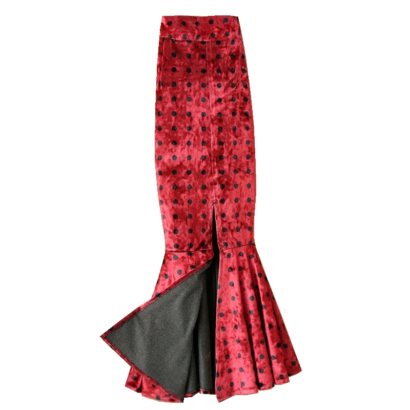 Free Shipping Fashion Long Mid-calf Skirt Women Plus Size S-4XL Mermaid Style Stretch Ladies High Waist Velvet Dot Slit Skirts