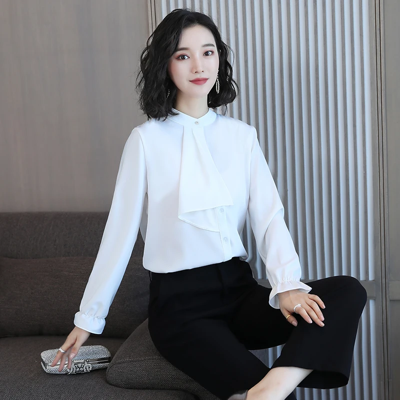 

COIGARSAM Vintage blouse women New Spring Korea Style Office Lady Ruffles Chiffon Solid blusas womens tops and blouses Blue 5050