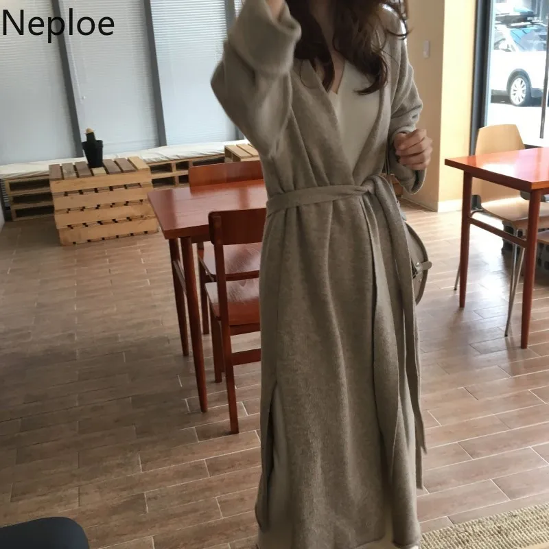 Neploe корейский шик свободные дикие Макси кардиганы для женщин с длинным рукавом тонкая талия на шнуровке вязаный свитер осень Pull Femme Hiver 46554