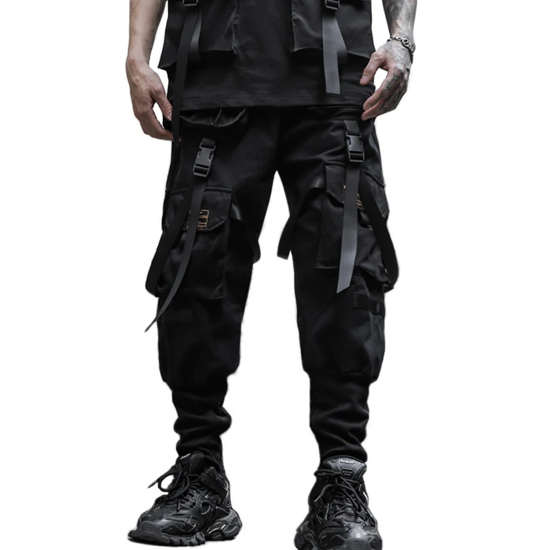 

2020 NEW Side Pocket Ribbon Patchwork Mens Cargo Ripped Sweatpants Joggers Trousers Hip Hop Fashion Full Length Pants Streetwear