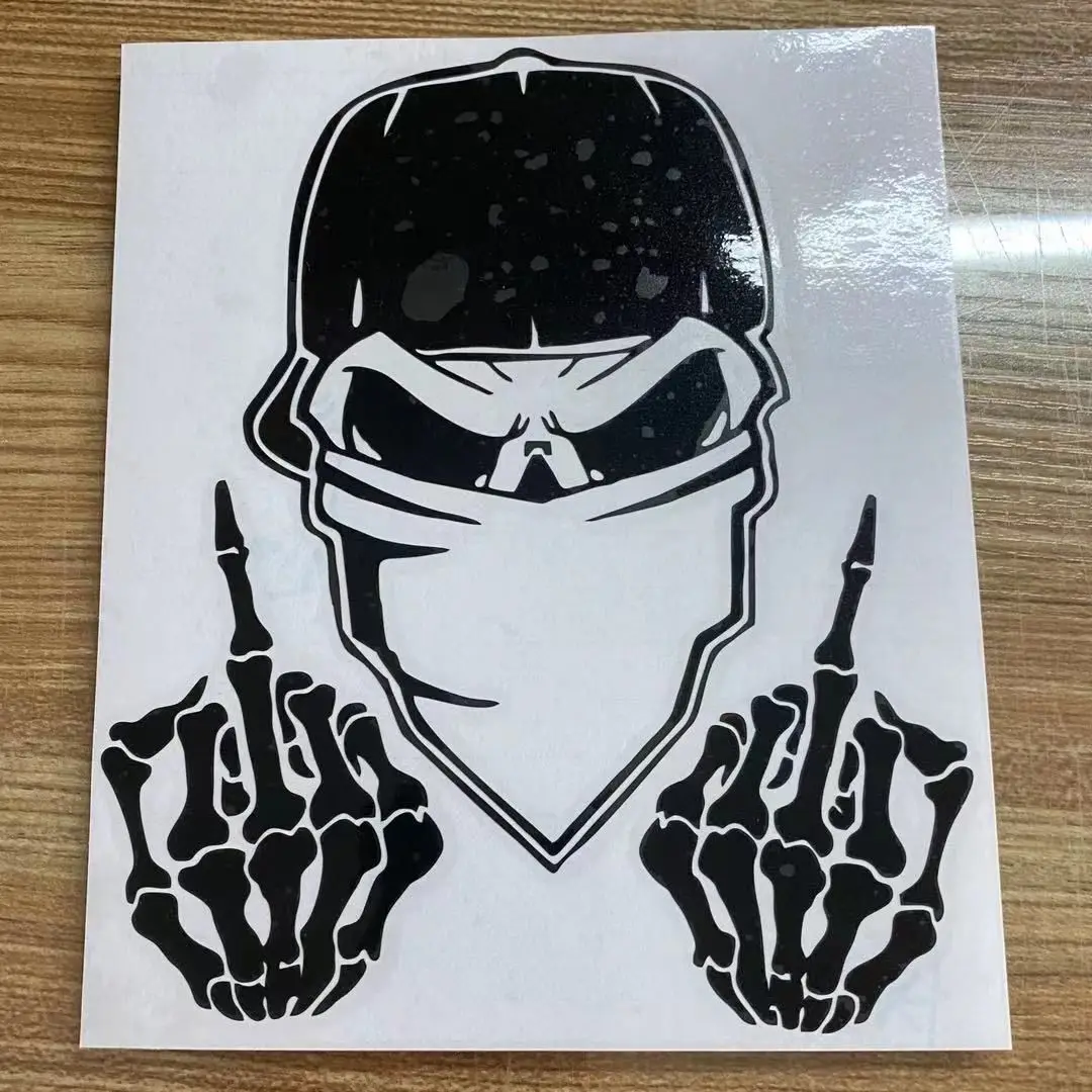 World Design Skull & Middle Finger Car Decal – White Vinyl Sticker For Cars, Laptops, Windows (Made In USA)
