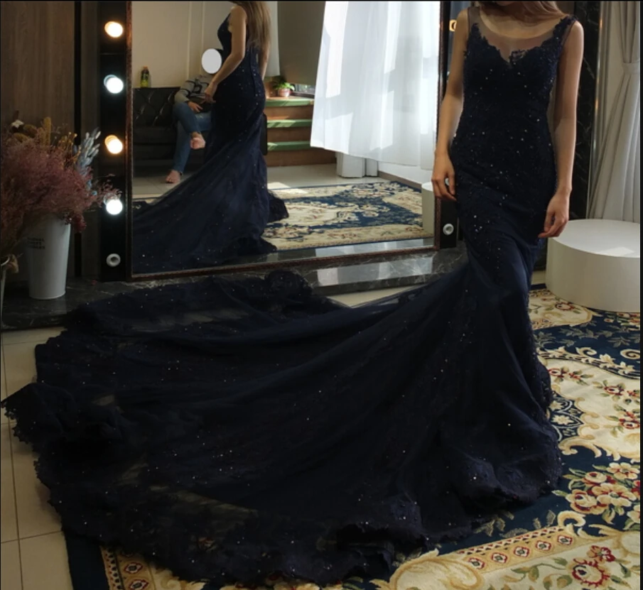 Robe de soiree темно-синее с юбкой-годе сексуальные платья для выпускного вечера без рукавов с открытой спиной без рукавов со шлейфом для корта платье на выпускной распродажа платьев