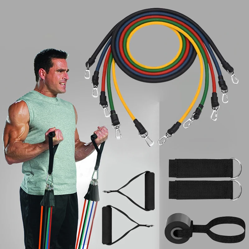 

Resistance Band 11pc Set TPE Elastic Bands with Door Anchor Ankle Straps Foam Handles Home Fitness Equipment Workout
