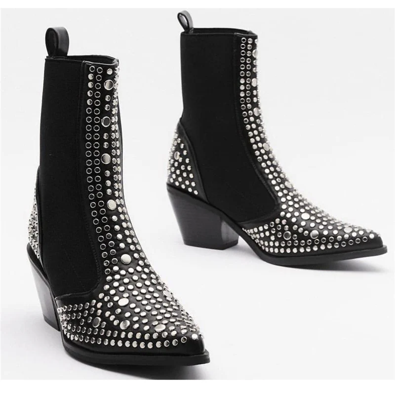 Square Heels Classic Fashion Rivets Elastic Ankle Boots Shoes Women Chelsea Boots platform boots,winter boots,ankle boots,women high heeled boots