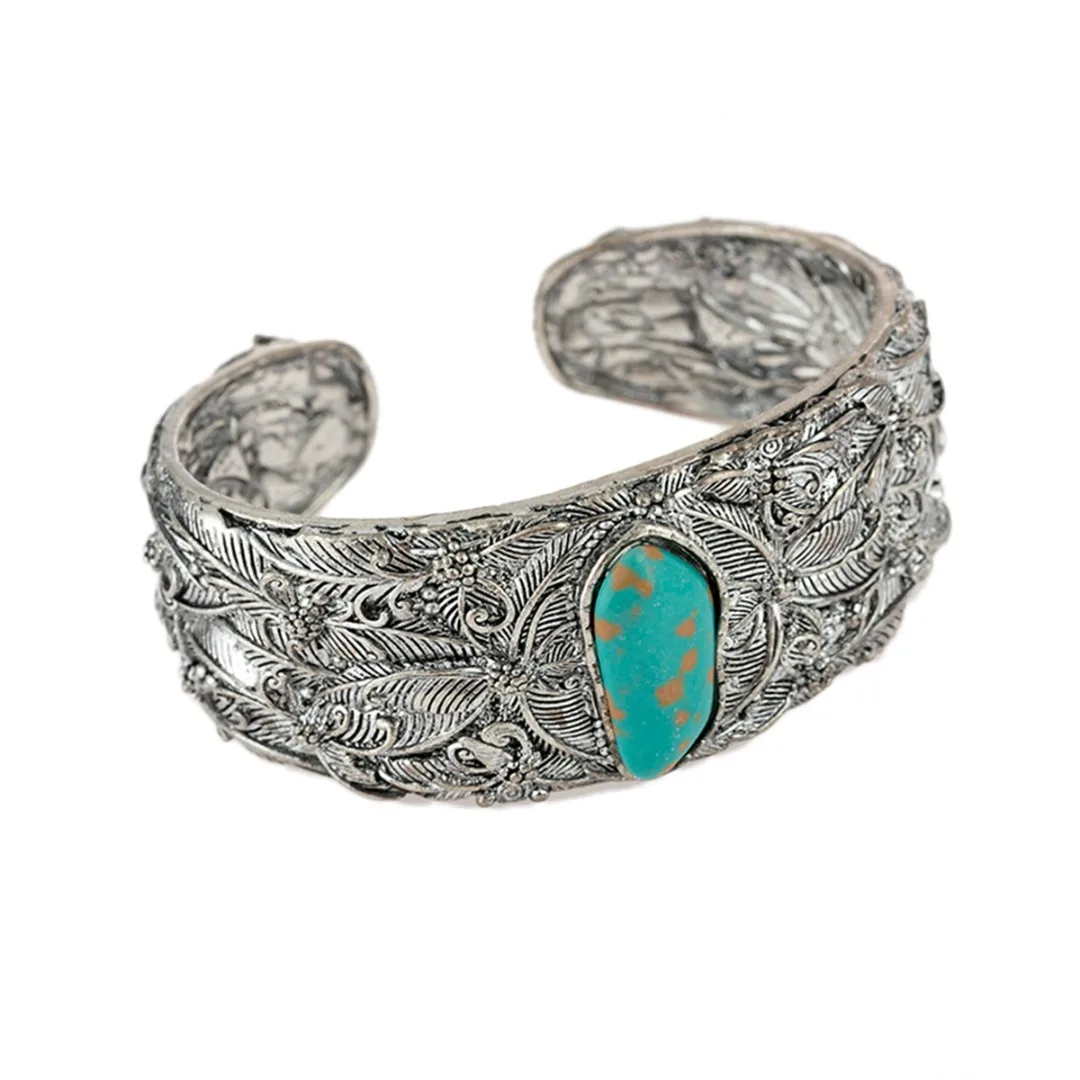 Vintage Silver Ethnic Antique Carve Butterfly Bracelets for Women Open Bangle Pulseiras Blue Natural Stone Cuff Bracelet Jewelry