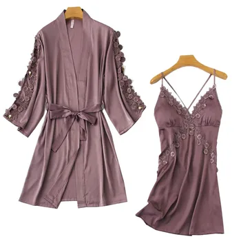 

Women Solid Color Nightgown Silk Satin Backless Sexy Lace Sleepwear Cardigan+Dress 2Pcs Set Elegant Homewear Comfort Femme Robes