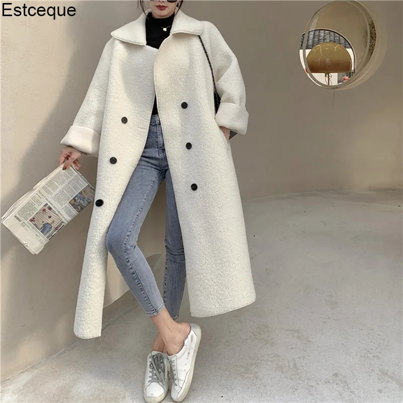 

Autumn Winter Long Coat Women's Korean Loose Lamb Wool Padded Coat with adjustable waist Casual Double Breasted Jacket Female