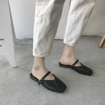 

Fairy Wind Closed-toe Sandals Shoes Women's 2020 New Style Outer Wear Square Head-Style Leather Semi-Trailing Shoes with Skirt W