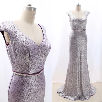 

MACloth Purple Sweep Train V Neck Floor-Length Long Crystal Jersey Prom Dresses Dress M 267978 Clearance