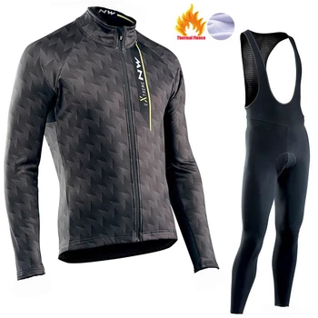 

2020 NW thermal wool long-sleeved cycling equipment Jersey set with black bib pants winter outdoor sport coat bike suit clothes