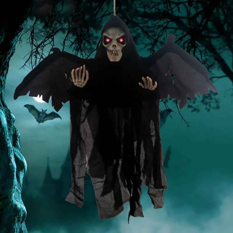 

Halloween Prop Hanging Skull Ghost with Glowing Red Eyes Sound Effects Witch Decoration