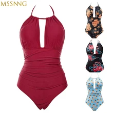 Бикини с цветочным принтом, слитный купальник для женщин, новинка, пляжная одежда, сексуальный бандажный купальник, Одноцветный Ретро Монокини, женский купальник