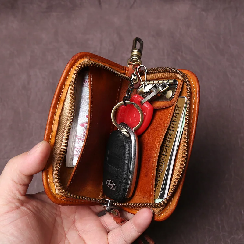 NZPJ Men's Leather Key Bag, The First LayerOf Cowhide, Ladies' Purse, Multi-functional Vintage Vegetable Tanned Leather ID Bag.