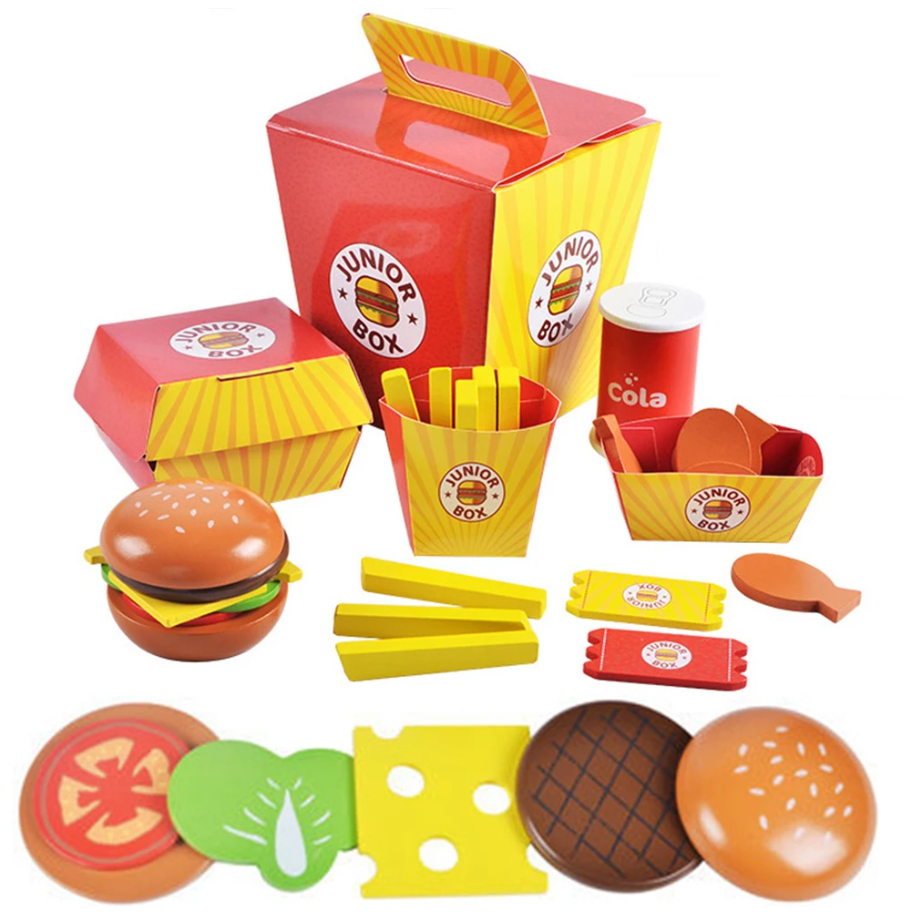 Моделирование деревянный гамбургер фри фаст-фуд Mdeol Набор Дети ролевые игры игрушка еда гамбургер пластиковая сборка говядины овощи