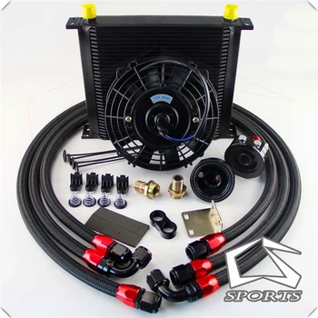 

AN10 Universal 34 Row ENGINE FILTER RELOCATION Oil Cooler+7" Electric Fan Kit Black