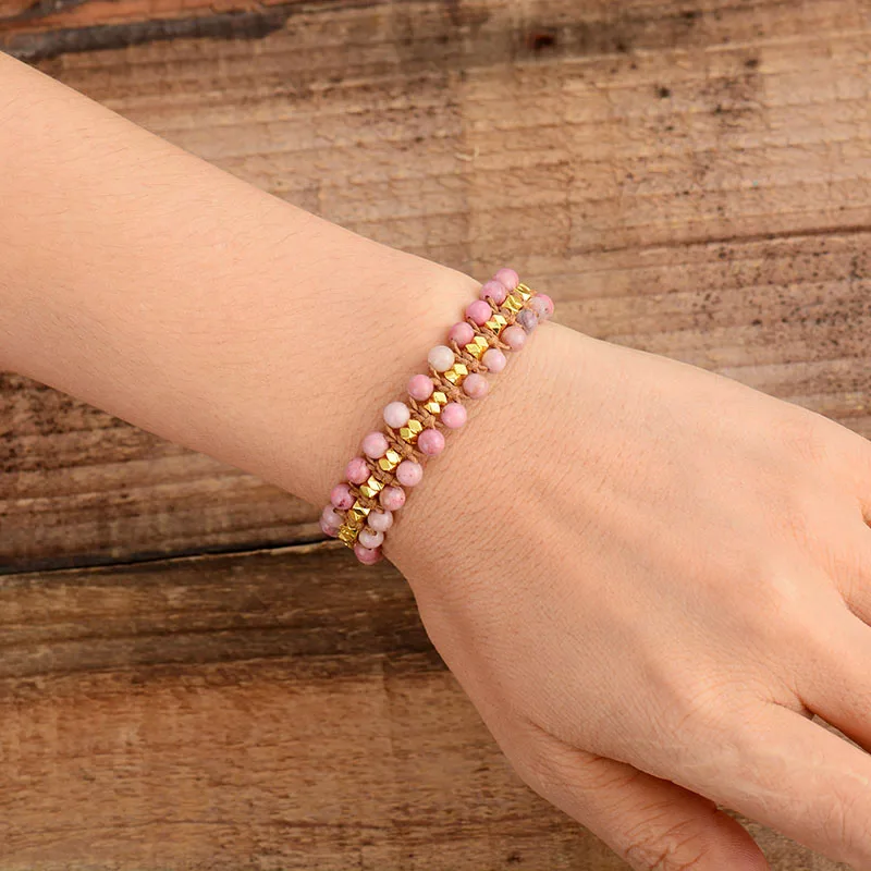Unique Rhodonite Gold Beads Wrap Bracelets Wholesale Handmade Bohemia Weaving Bracelet Birthday Gift Boho Jewelry Dropship - Image 2