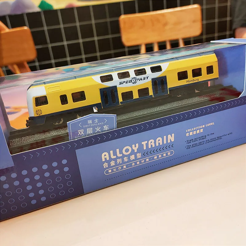 Diecast Alloy Swiss Double-decker Yellow-blue Train Model Adult