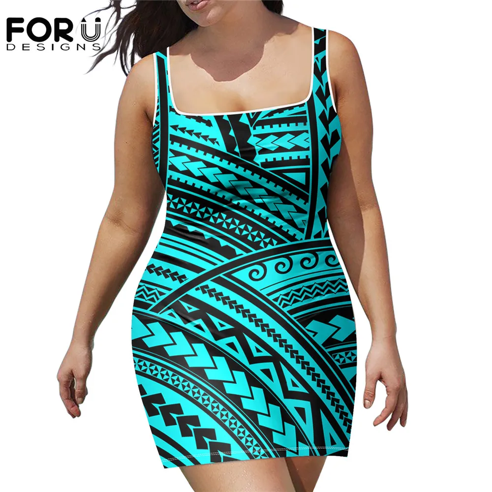 

FORUDESIGNS New Trend Women's Sexy Mini Short Dress Polynesian Tribal Printed Female Casual Sleeveless U Neck Tight Sundress New
